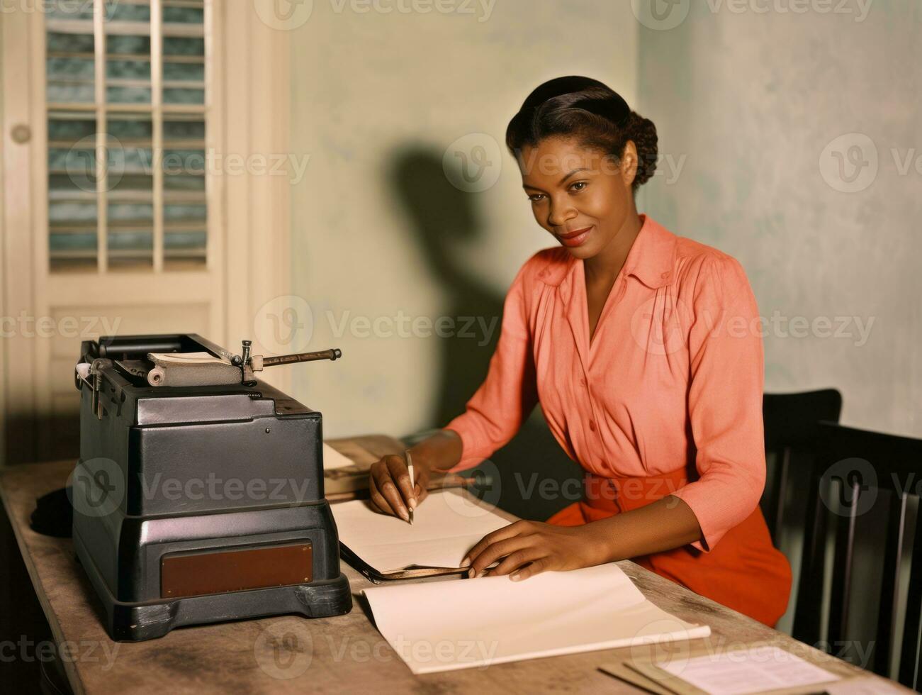 historisch farbig Foto von ein Frauen Täglich Arbeit im das Vergangenheit ai generativ