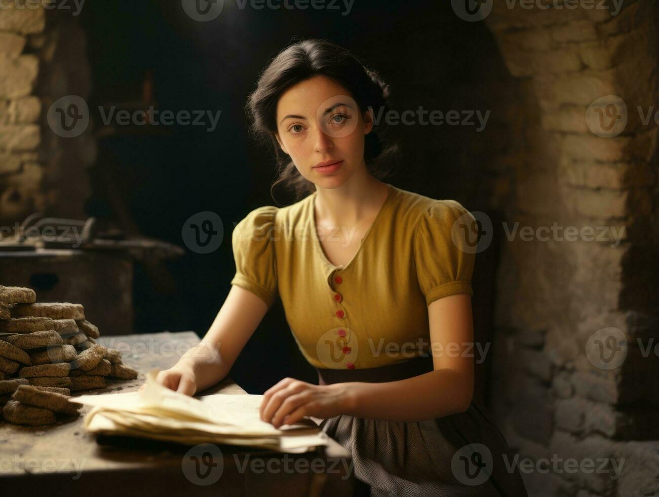 historisch farbig Foto von ein Frauen Täglich Arbeit im das Vergangenheit ai generativ