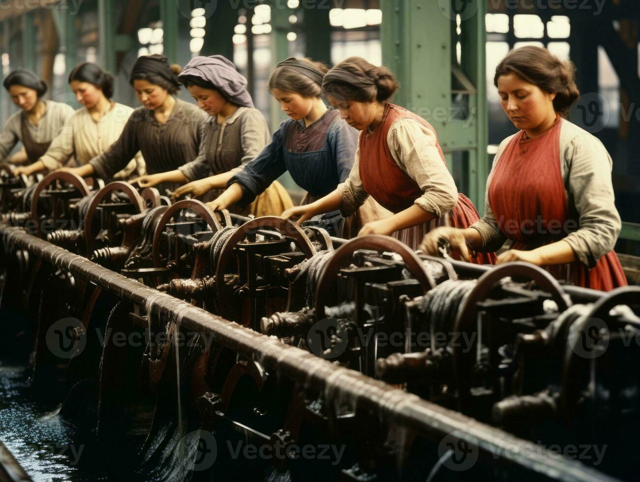 historisch farbig Foto von ein Frauen Täglich Arbeit im das Vergangenheit ai generativ