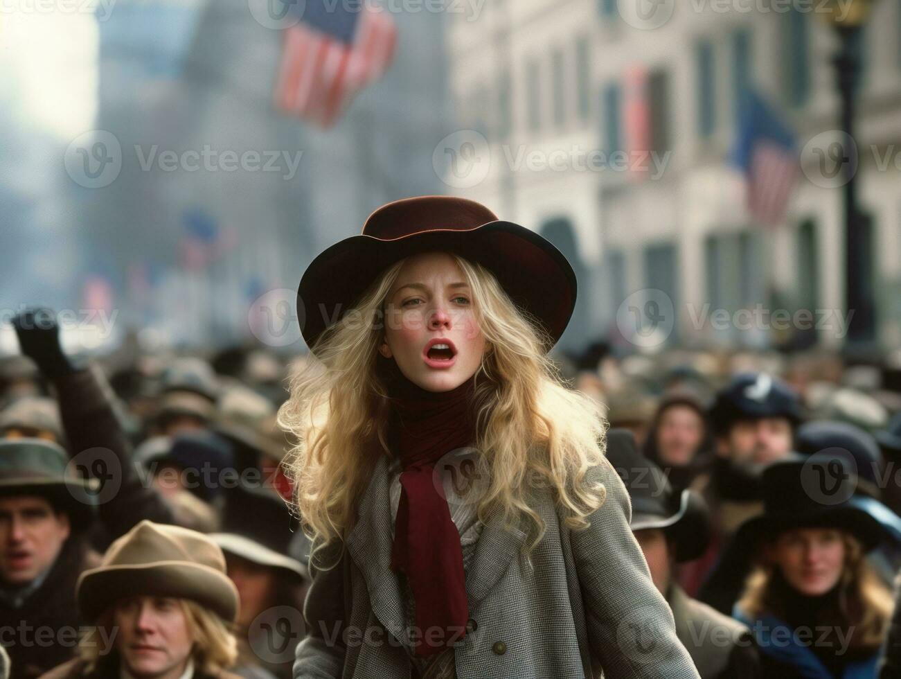 historisch farbig Foto von ein Frau führen ein Protest ai generativ