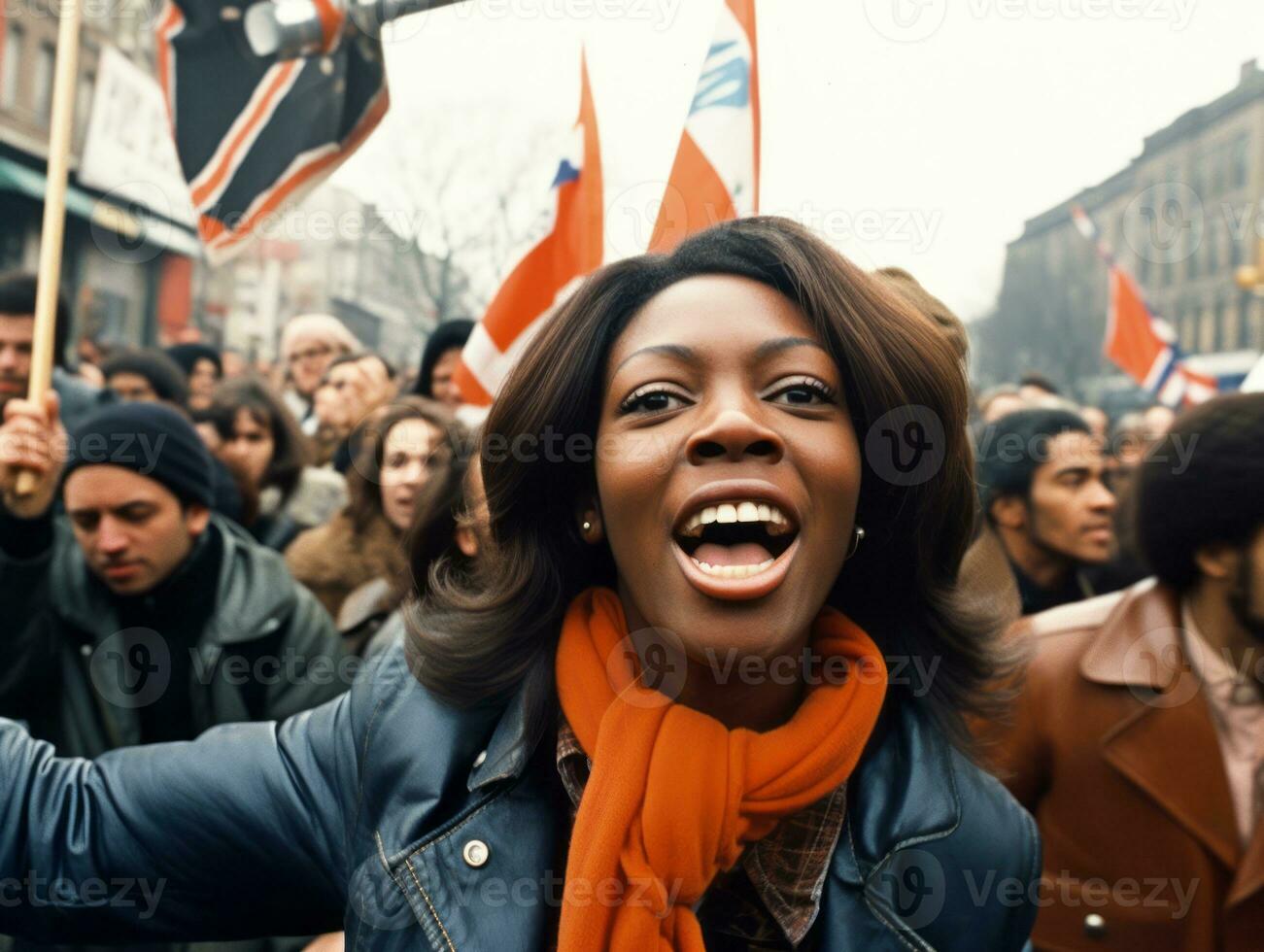 historisch farbig Foto von ein Frau führen ein Protest ai generativ