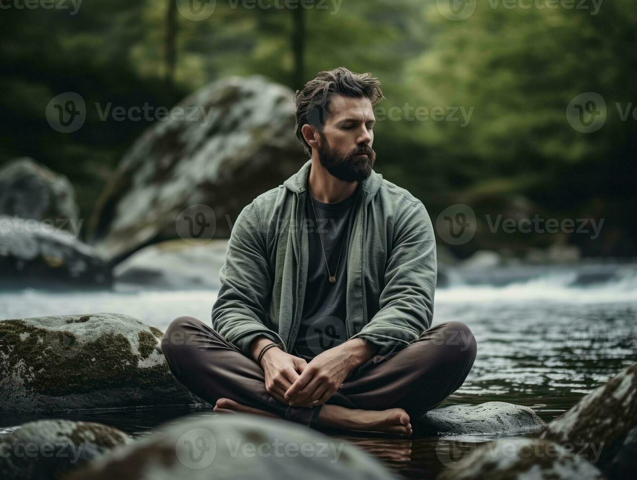 Mann meditieren im das Busen von Natur ai generativ foto