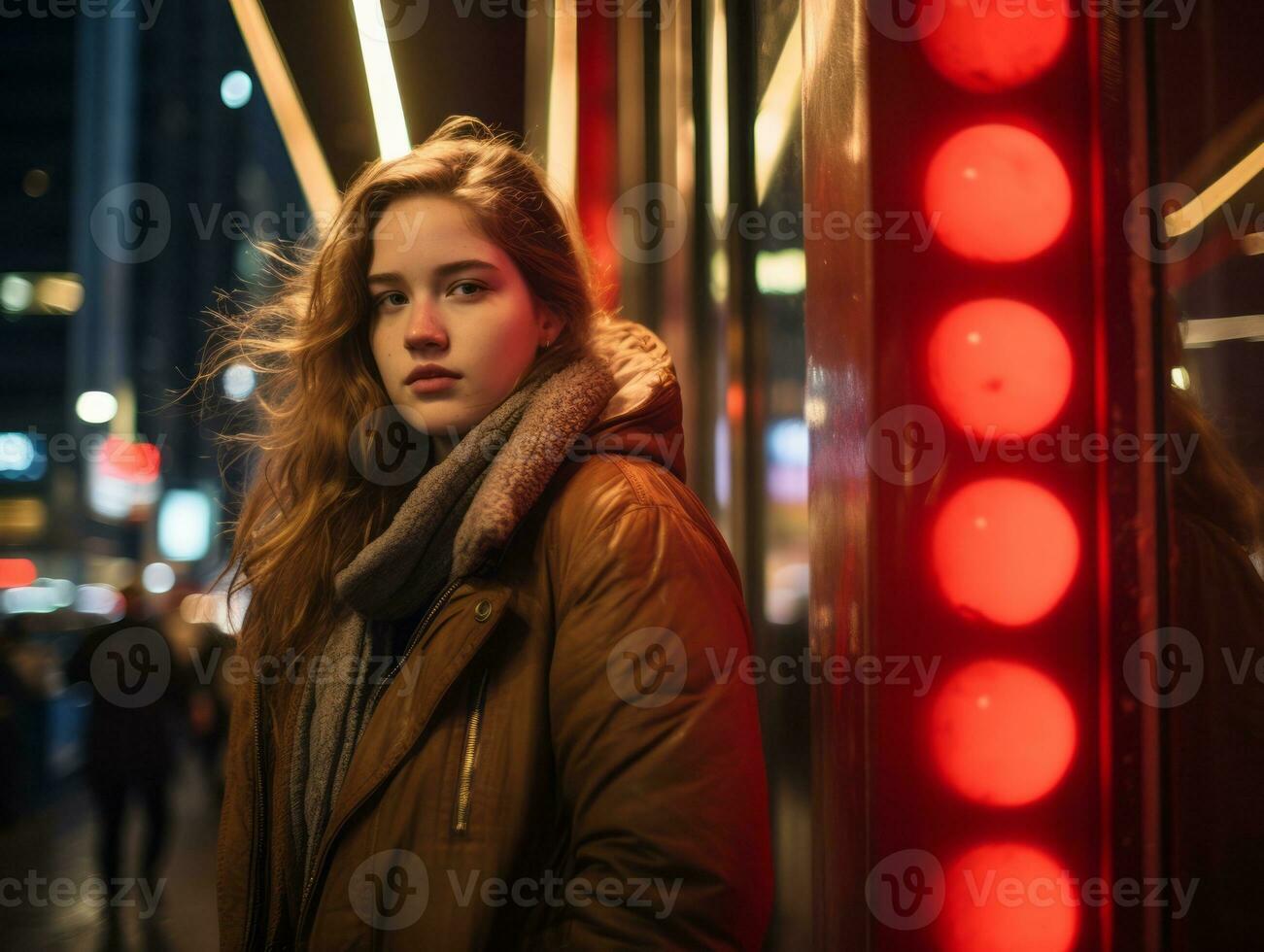 Plus Größe Frau Gehen selbstbewusst durch das beschwingt Neon- zündete Straßen ai generativ foto