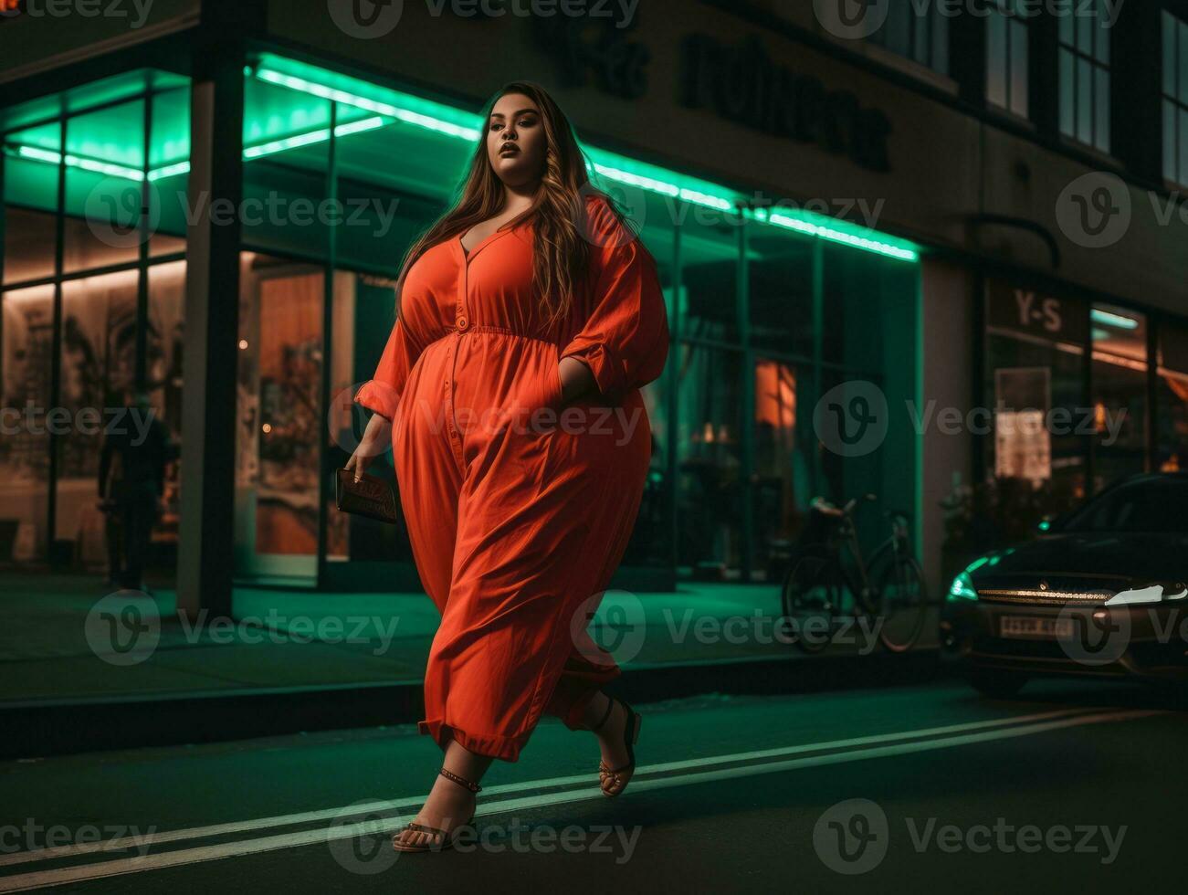 Plus Größe Frau Gehen selbstbewusst durch das beschwingt Neon- zündete Straßen ai generativ foto