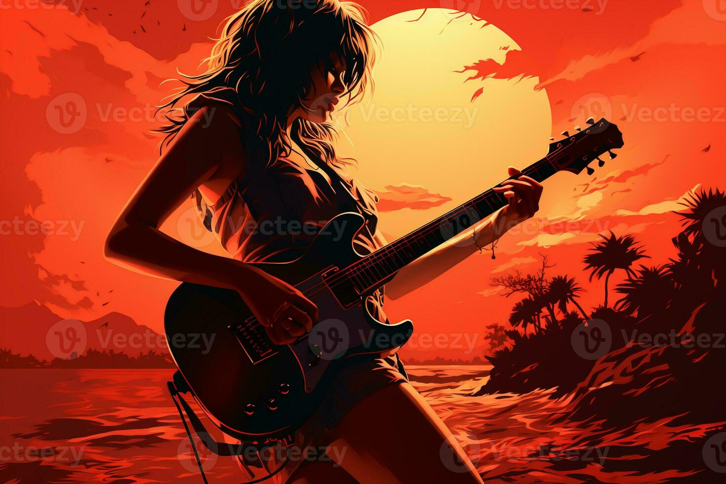 Silhouette von ein 18 Jahr alt Mädchen, weiblich Felsen Sänger, abspielen ein elektrisch Gitarre und singen, Vorderseite, Jahrgang Mode, modern Plakate. ai generativ foto