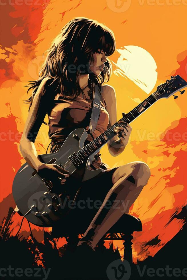 Silhouette von ein 18 Jahr alt Mädchen, weiblich Felsen Sänger, abspielen ein elektrisch Gitarre und singen, Vorderseite, Jahrgang Mode, modern Plakate. ai generativ foto