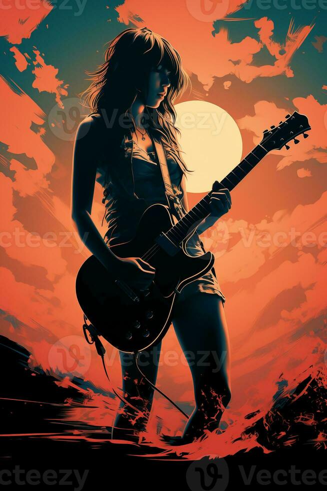 Silhouette von ein 18 Jahr alt Mädchen, weiblich Felsen Sänger, abspielen ein elektrisch Gitarre und singen, Vorderseite, Jahrgang Mode, modern Plakate. ai generativ foto