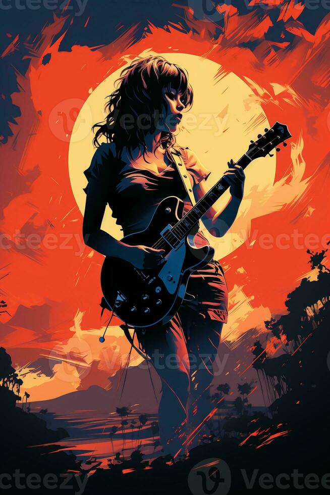 Silhouette von ein 18 Jahr alt Mädchen, weiblich Felsen Sänger, abspielen ein elektrisch Gitarre und singen, Vorderseite, Jahrgang Mode, modern Plakate. ai generativ foto