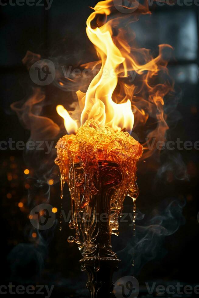 das flackern Flamme von das Feuerzeug beleuchtet das Dunkelheit, Gießen ein warm glühen auf das Umfeld. ai generativ foto