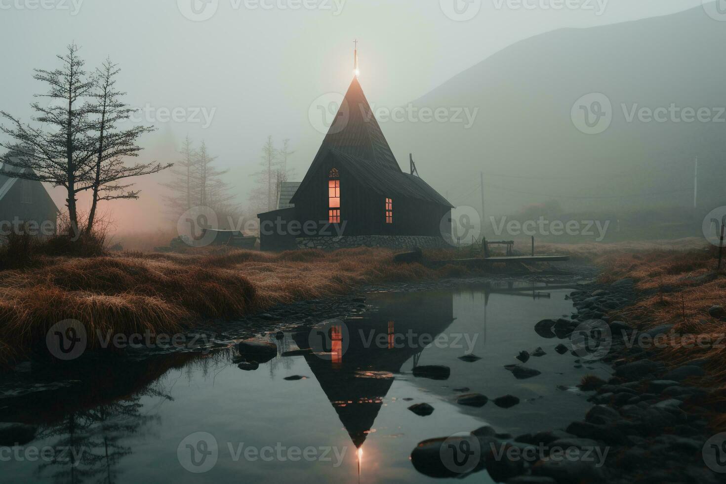 Fachmann Landschaft Fotografie im das mystisch Nebel Landschaft mit ein Kirche. ai generativ foto