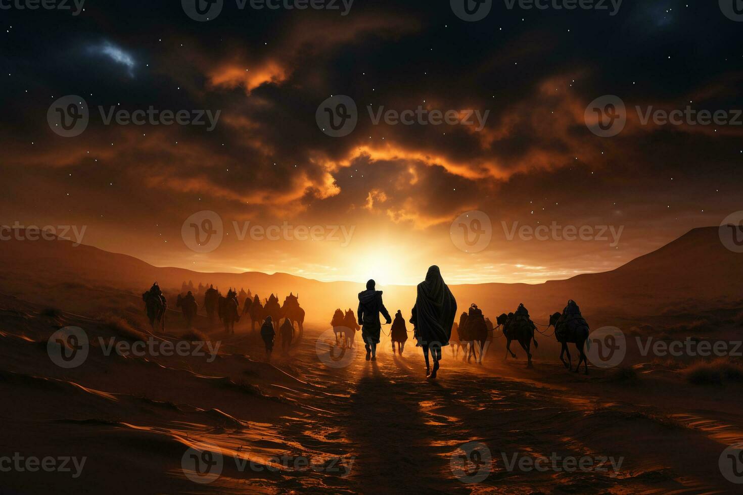 Kamel Prozession im Wüste Wunder, Gehen auf rollen Sand Dünen, Star Weg Fotografie. ai generativ foto