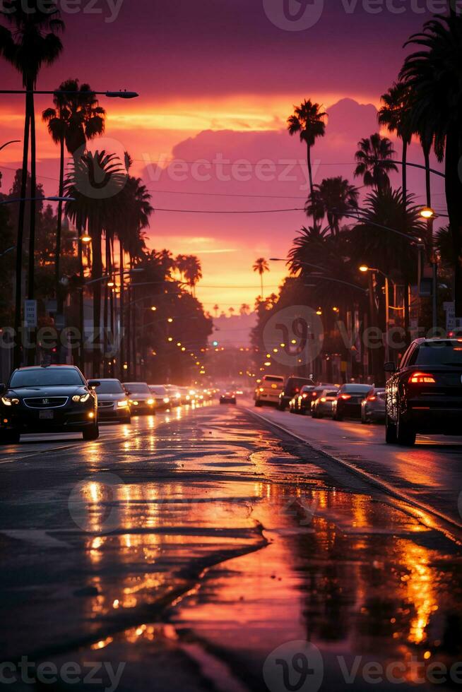 Straße im ein Rosa Licht, Sonnenuntergang, filmisch, Foto-Shooting. ai generativ foto