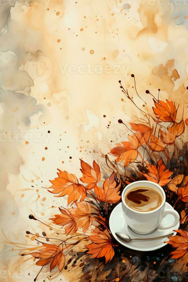 Beige Hintergrund mit Kaffee Flecken und Herbst Blätter im Aquarell Stil. ai generativ foto