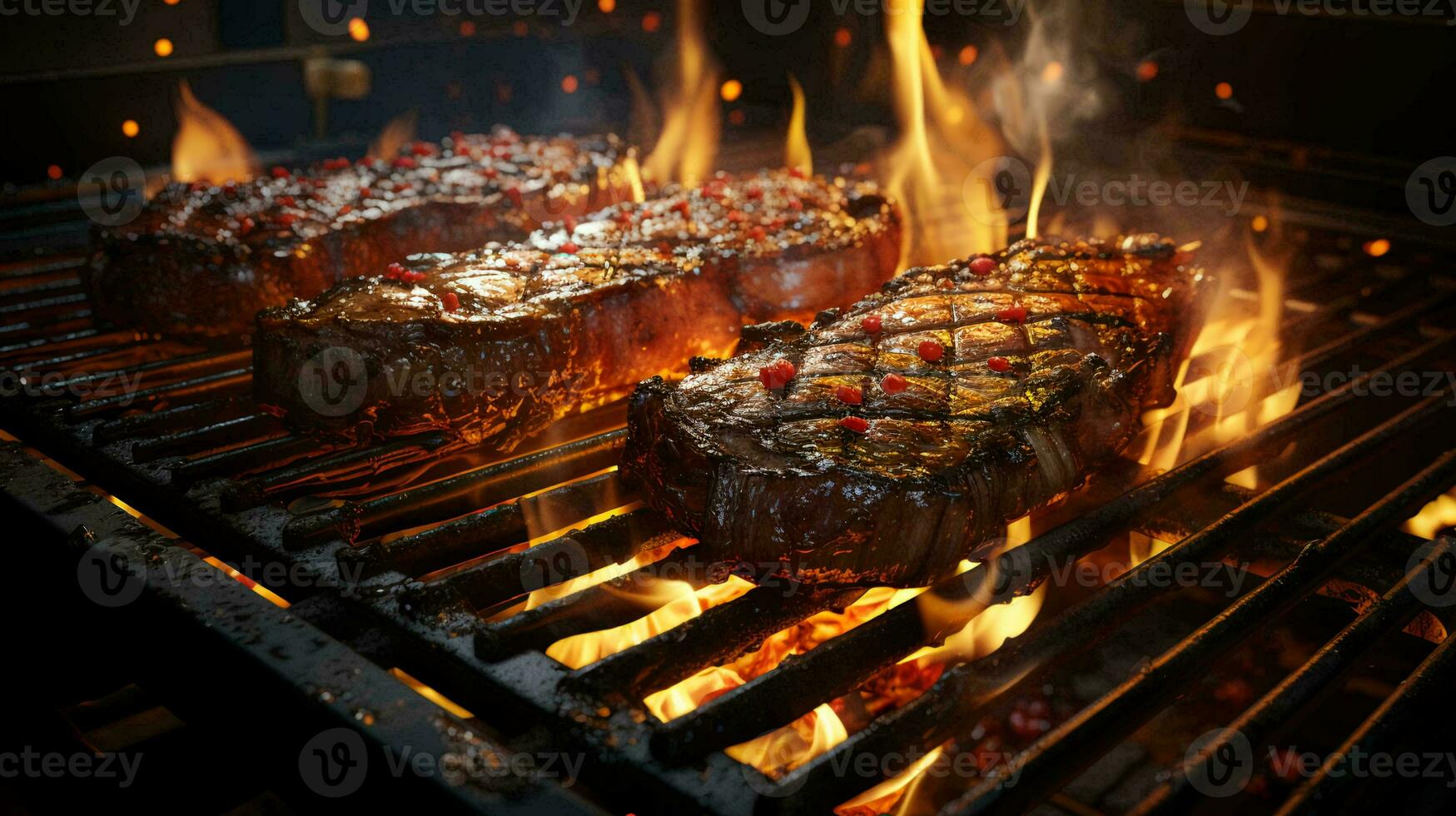 köstlich Fleisch gebraten Steaks auf das Grill gekocht auf Feuer foto