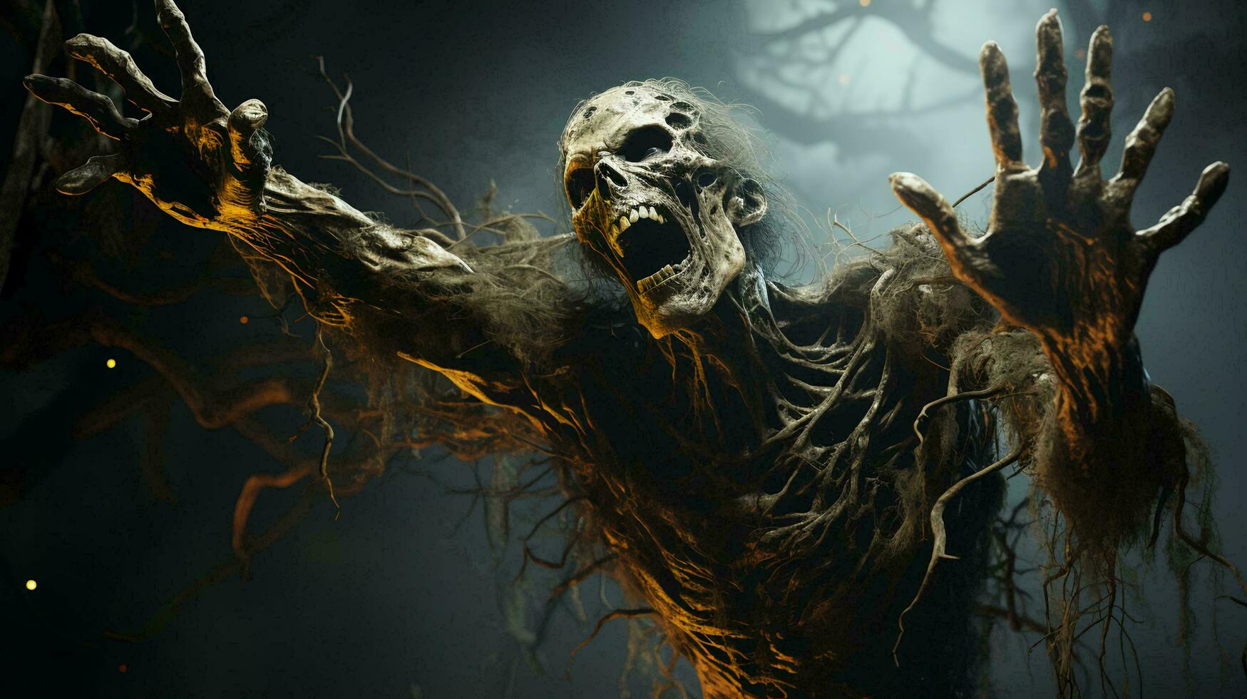 Zombies erhebt euch von das tot im ein dunkel unheimlich Wald beim Nacht und ziehen ihr Hände aus von das Boden zum das Halloween Urlaub foto