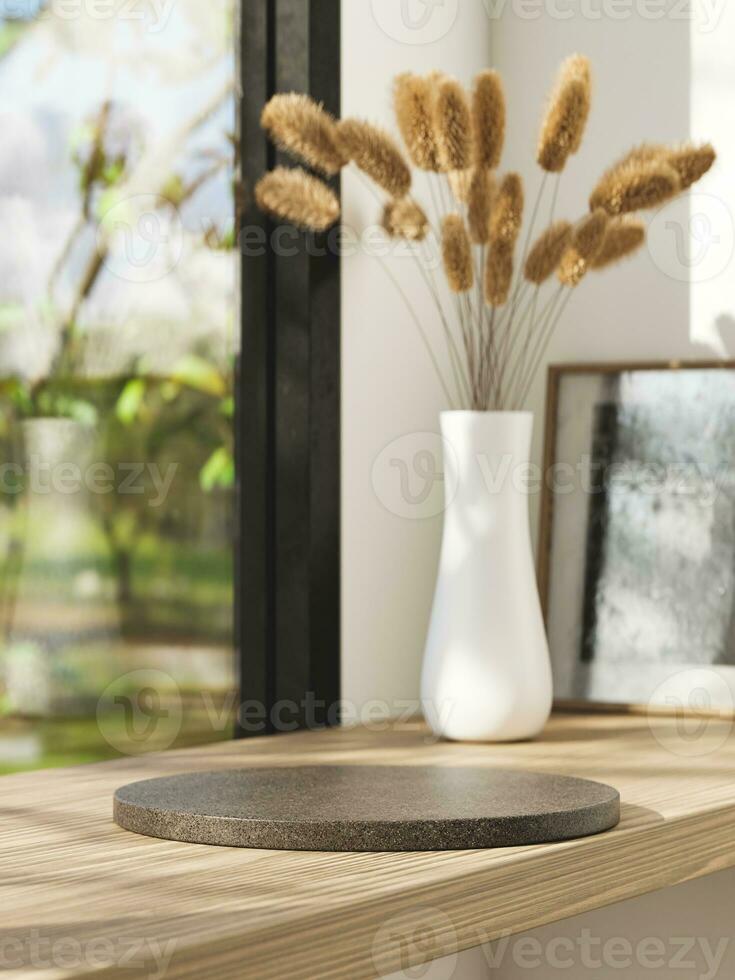 3d Granit Sockel mit Pampas im Weiß Vase und Foto Rahmen auf hölzern Tabelle beim Fenster Seite. 3d Rendern von realistisch Präsentation zum Produkt Werbung. 3d Illustration.