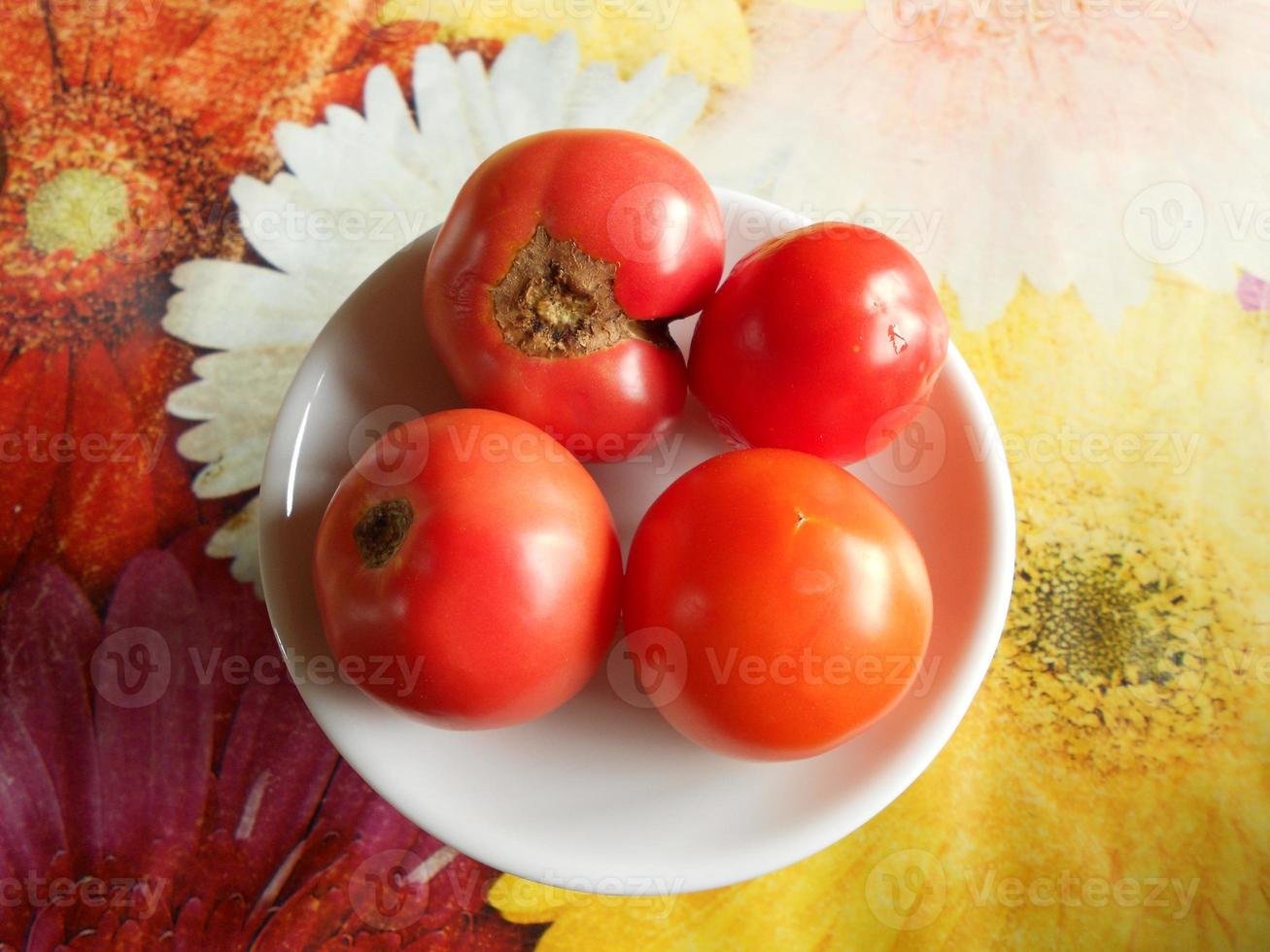 Frucht ist eine Tomate, die mit grünen Blättern wächst foto