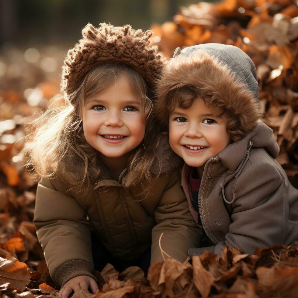 bezaubernd Kinder spielen im Haufen von Herbst Blätter foto