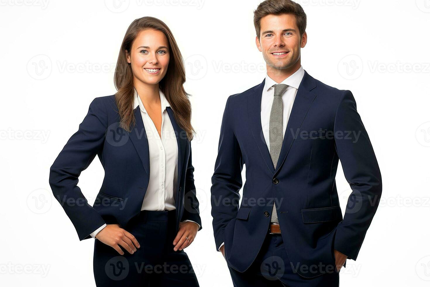 erfolgreich jung Geschäft Partner im formal Kleider posieren und suchen beim Kamera, generativ ai Illustration foto
