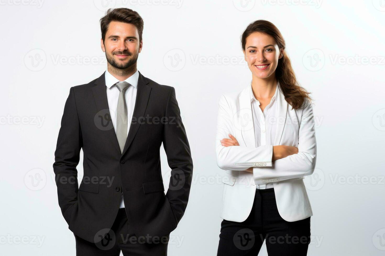 erfolgreich jung Geschäft Partner im formal Kleider posieren und suchen beim Kamera, generativ ai Illustration foto