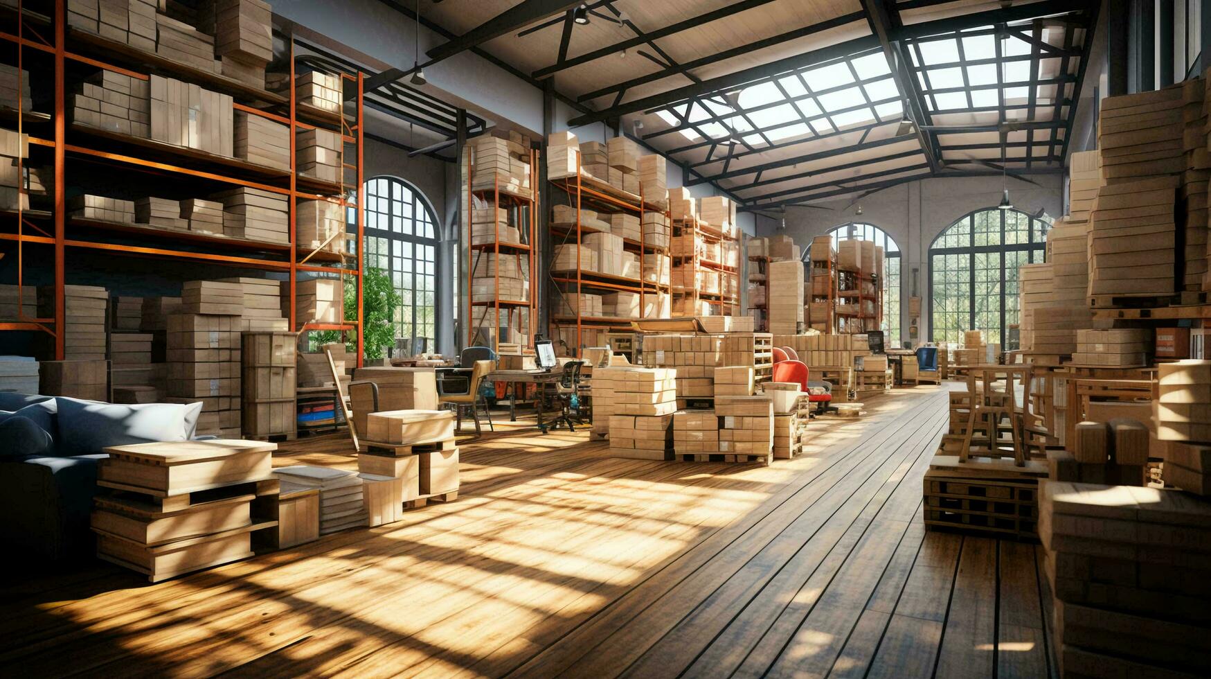 groß geräumig Warenhaus mit Waren im Karton Boxen. das Konzept von Logistik zum Speicherung und liefern Waren um das Welt foto
