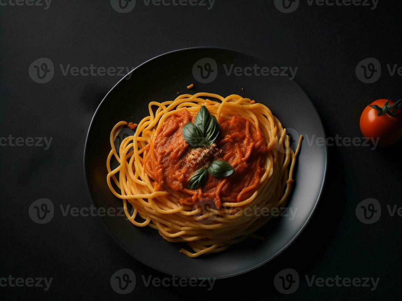 ai generativ Pasta Spaghetti mit Tomate Soße im schwarz Schüssel. foto