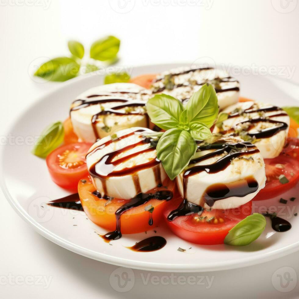 bunt Caprese Salat mit reif Tomaten frisch Mozzarella Basilikum und ein Nieselregen von Balsamico die Ermäßigung isoliert auf ein Weiß Hintergrund foto