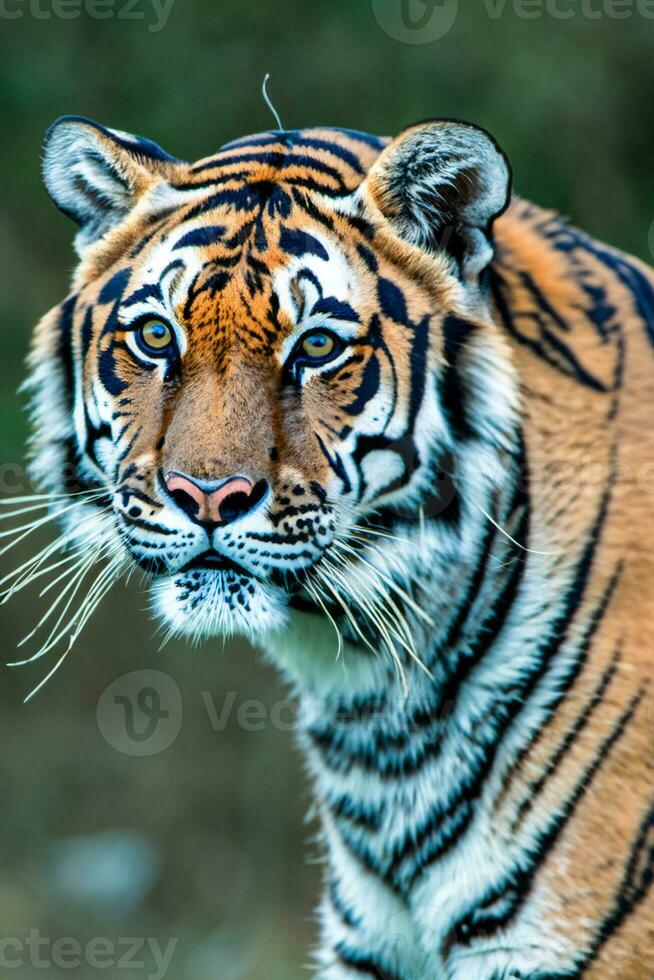 Foto Nahansicht Landschaft Schuss von ein Bengalen Tiger mit Grün Gras