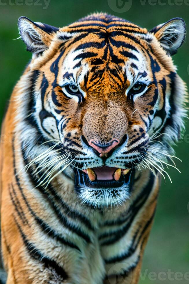 Foto Nahansicht Landschaft Schuss von ein Bengalen Tiger mit Grün Gras