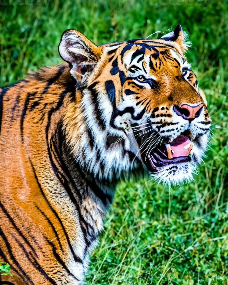 Foto Nahansicht Landschaft Schuss von ein Bengalen Tiger mit Grün Gras