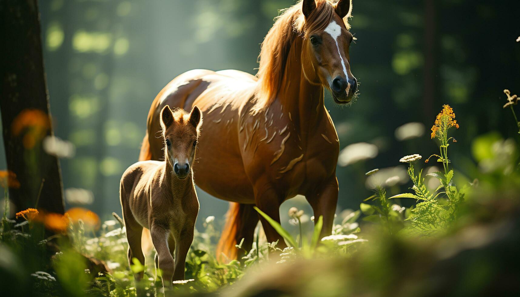 ein schön Stute weidet im ein Grün Wiese unter das Sonne generiert durch ai foto