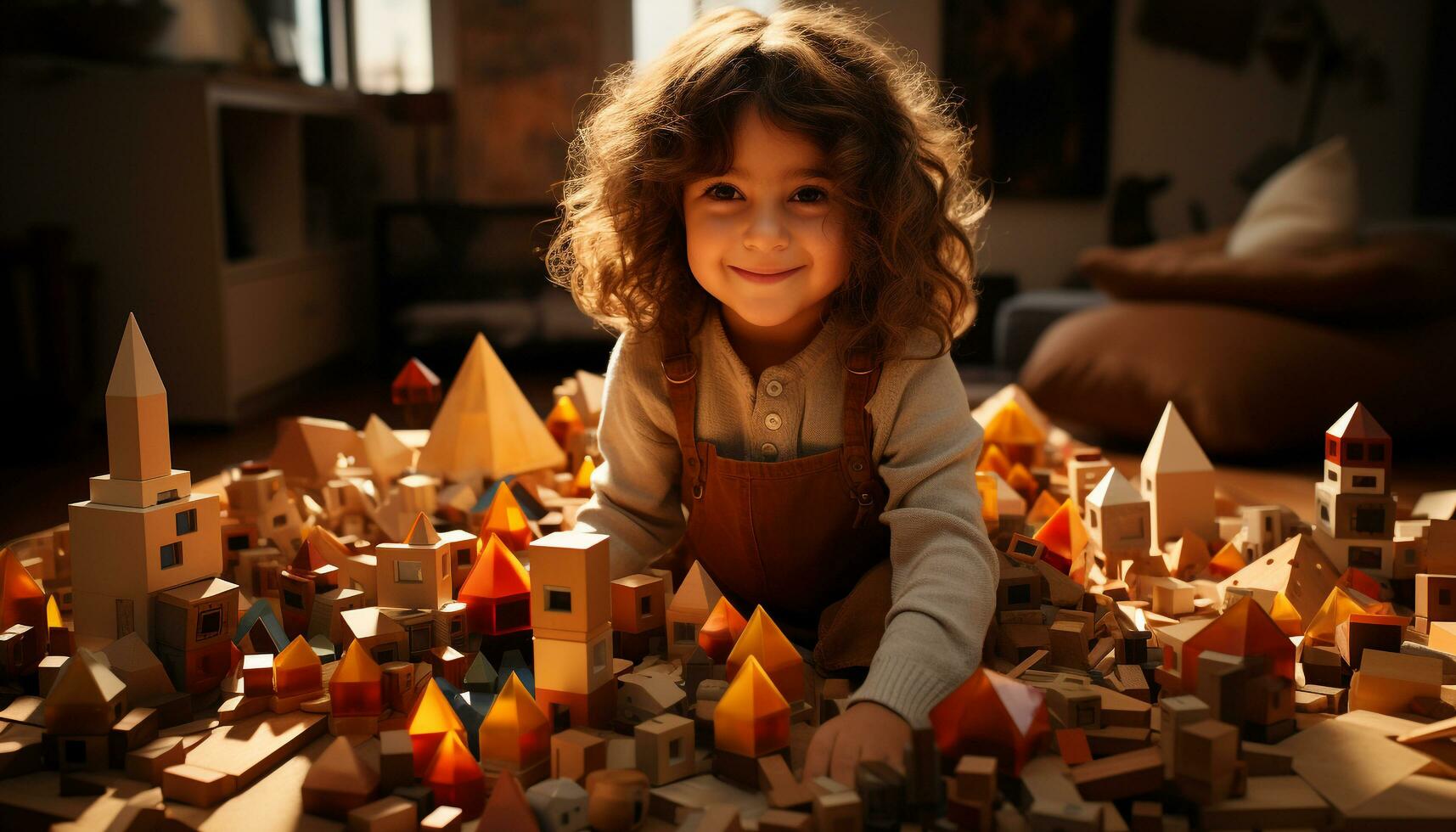 glücklich Kinder spielen mit Spielzeuge, genießen ihr Innen- Spaß generiert durch ai foto