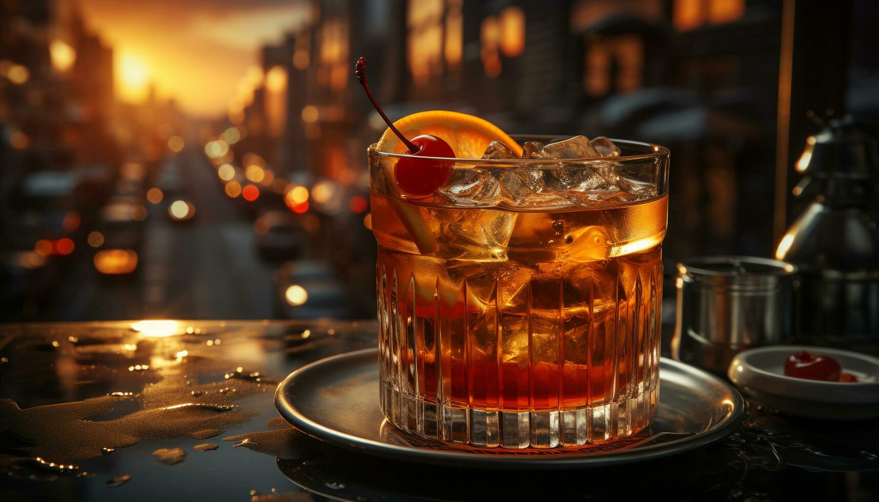 erfrischend Cocktail auf ein Bar Tisch, ein perfekt Sommer- Nacht generiert durch ai foto