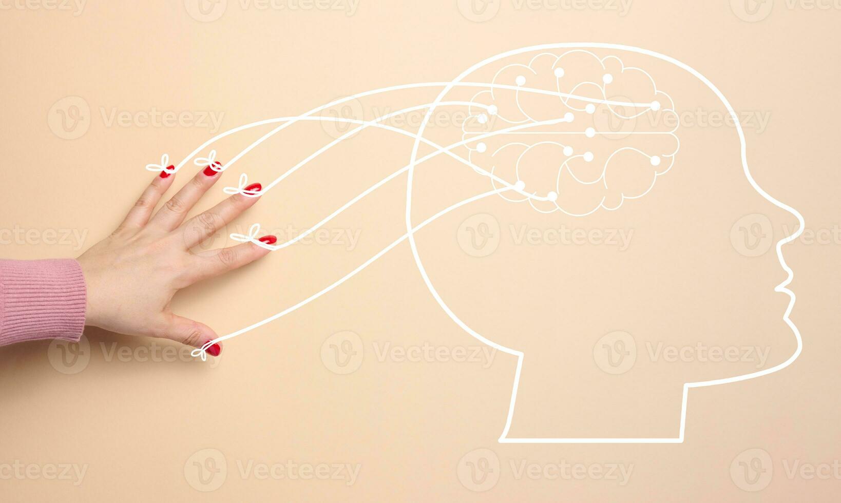 Mensch Kopf Silhouette und Hand mit Seile, Persönlichkeit Manipulation Konzept, beeinflussen foto