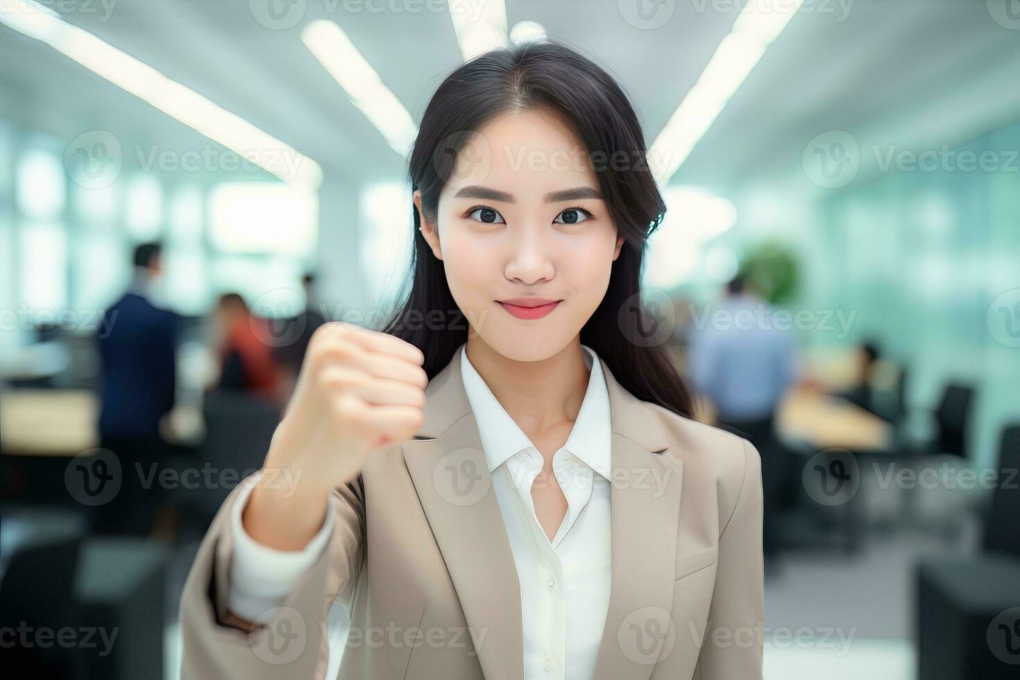 asiatisch Geschäftsfrau zeigen ein Kampf Pose, schön Manager Gesten erziehen Fäuste im modern Büro, weiblich Unternehmer Kämpfe ein Problem, feiern Erfolg und erreichen Tore foto