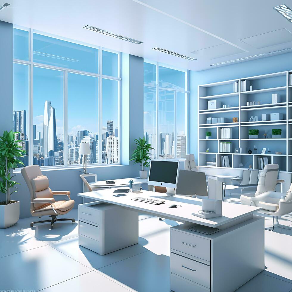 modern Büro Zimmer Schreibtisch Innere Design Illustration generiert durch ai foto