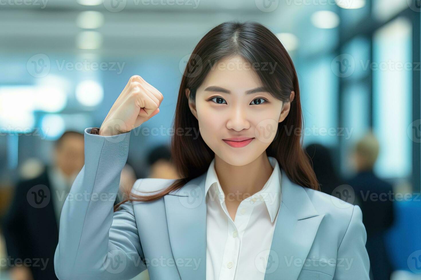 asiatisch Geschäftsfrau zeigen ein Kampf Pose, schön Manager Gesten erziehen Fäuste im modern Büro, weiblich Unternehmer Kämpfe ein Problem, feiern Erfolg und erreichen Tore foto