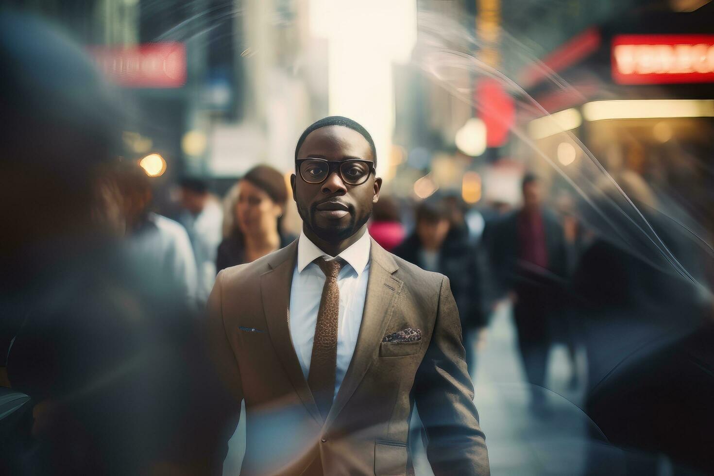 schwarz Geschäftsmann Gehen im modern Stadt, gut aussehend Mann Spaziergänge auf ein überfüllt Fußgänger Straße, afrikanisch Manager umgeben durch verwischen Menschen auf beschäftigt Straße. foto