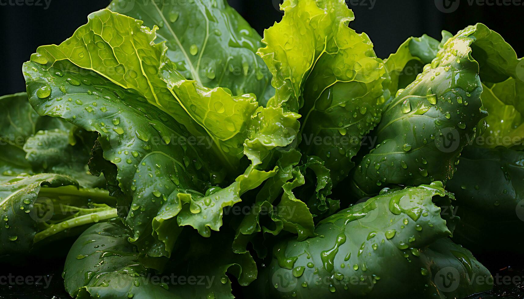 künstlerisch Erholung von nass Grüner Salat Blätter mit Tropfen Wasser. Illustration ai foto