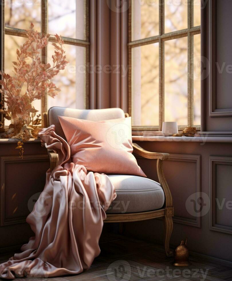 ein alt Stuhl mit Kissen in der Nähe von ein Fenster, Jahrgang Stil ,Luxus, klassisch, Königreich, Morgen Aussicht foto