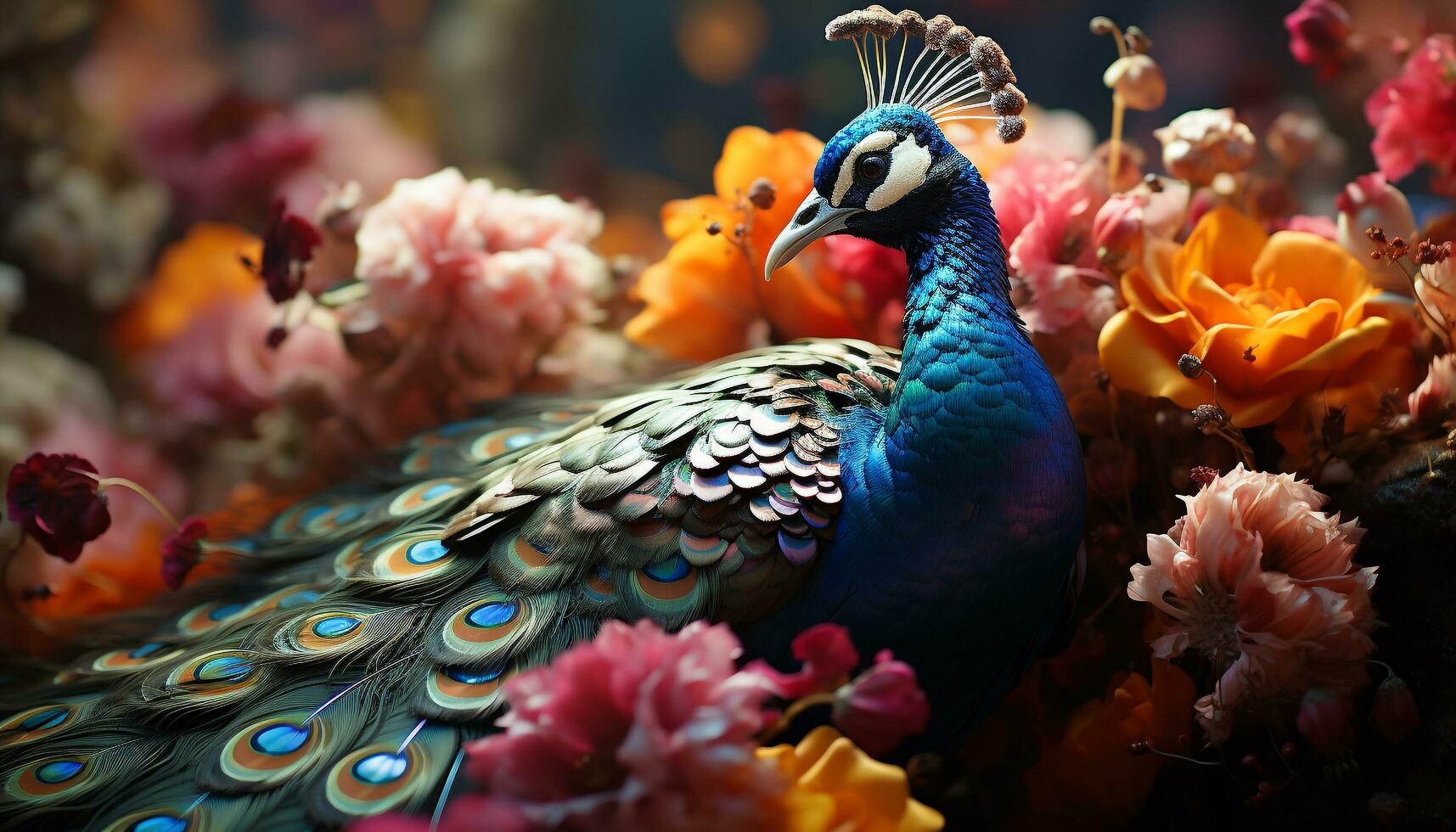 Pfau beschwingt Farben Vitrine Natur majestätisch Schönheit generiert durch ai foto