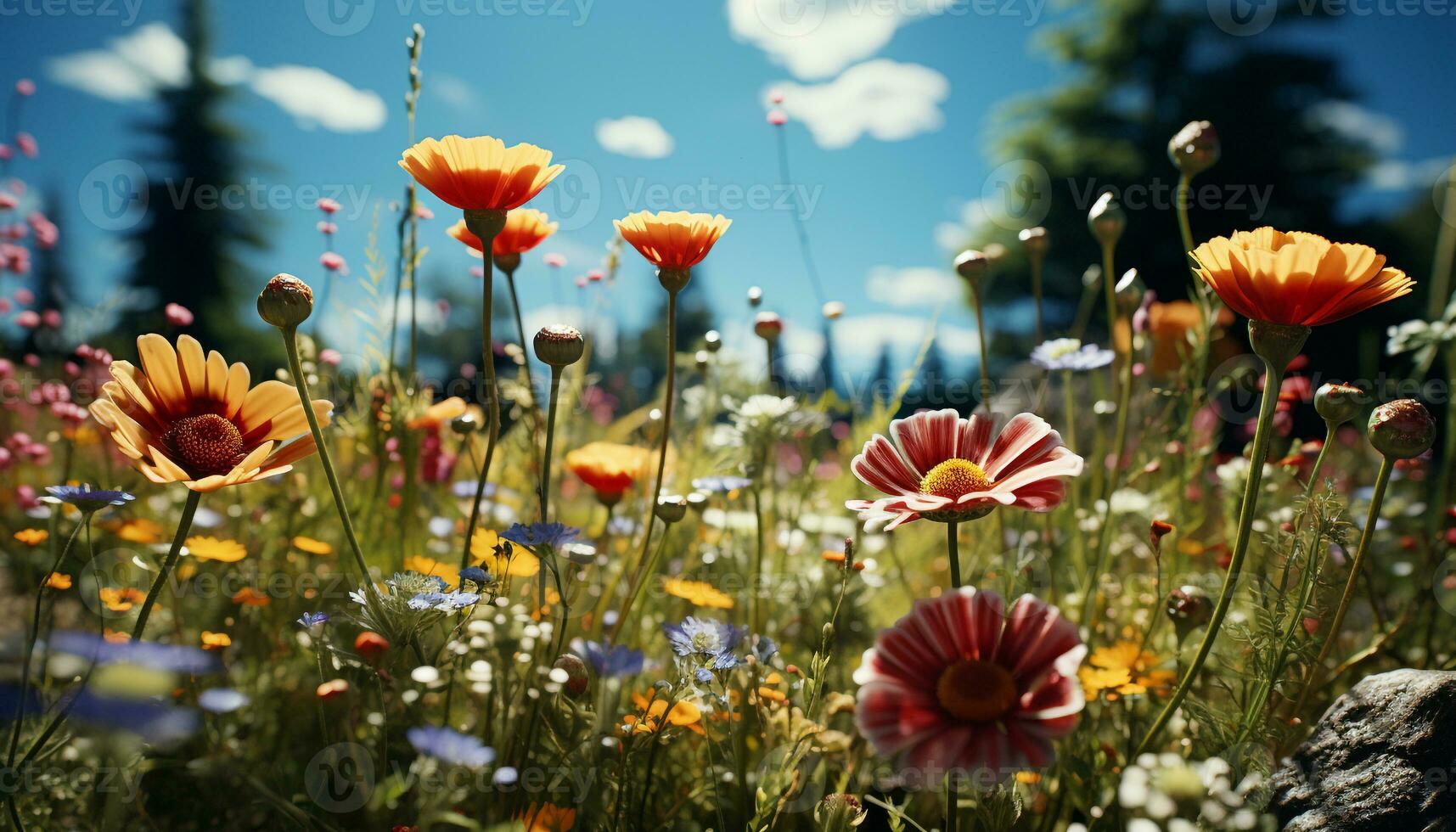 beschwingt Sommer- Wiese ein bunt Tapisserie von Wildblumen im blühen generiert durch ai foto