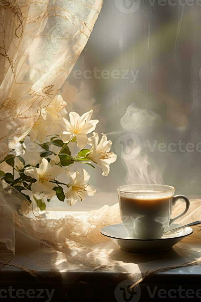 gemütlich hell Foto. ein Tasse von Kaffee durch das Fenster, Blumen foto