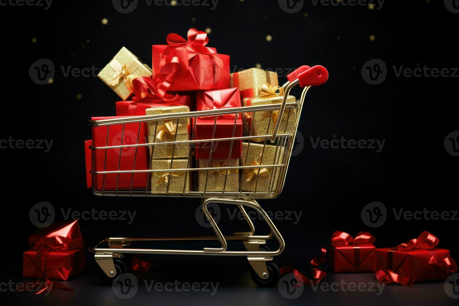 Geschenk Kisten im ein Einkaufen Wagen auf ein schwarz Hintergrund. Einkaufen, schwarz Freitag, Neu Jahr, Weihnachten foto
