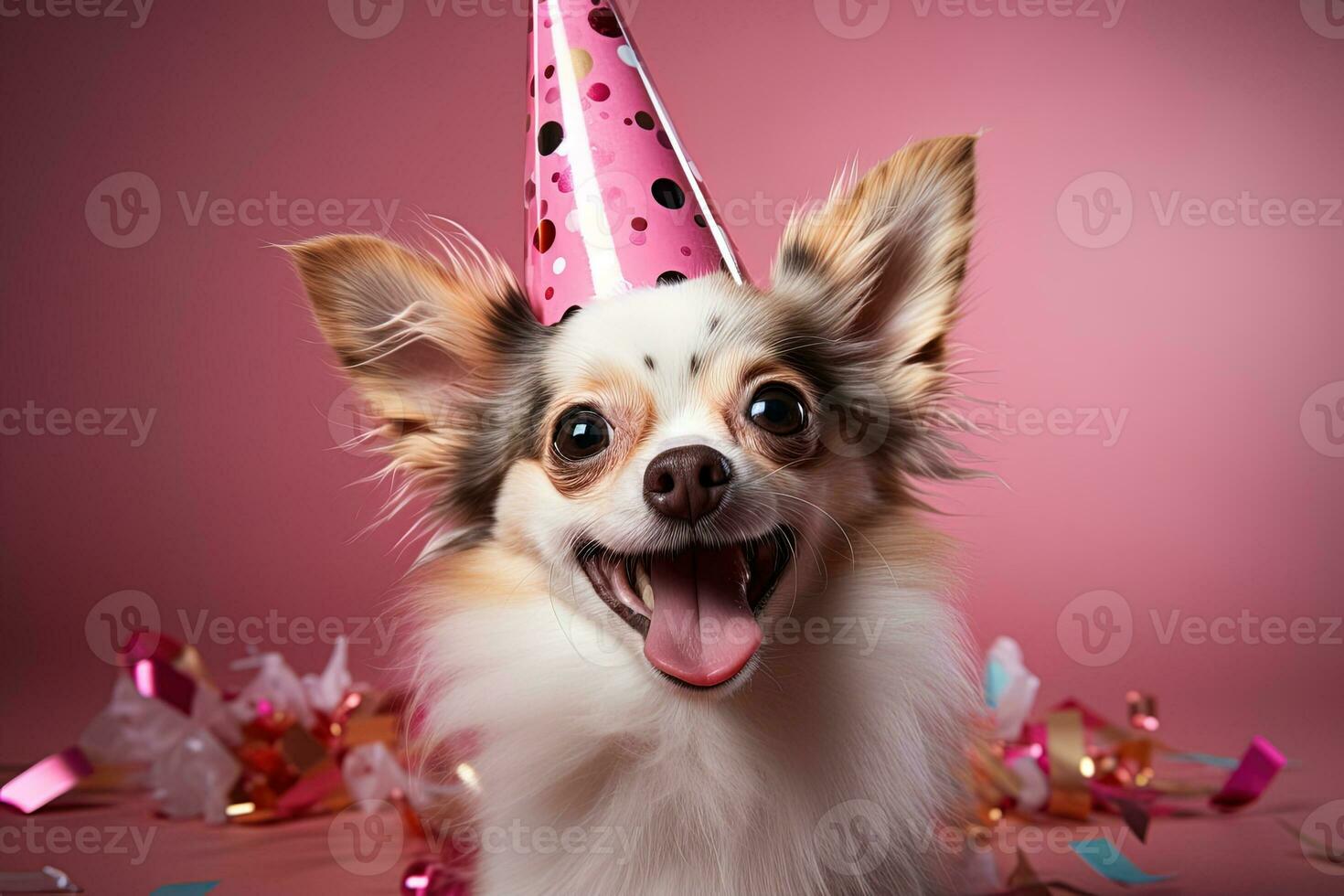 süß bezaubernd Chihuahua lächelnd im ein Rosa Geburtstag Hut auf ein Rosa Hintergrund. Geburtstag Party von Feier Konzept foto