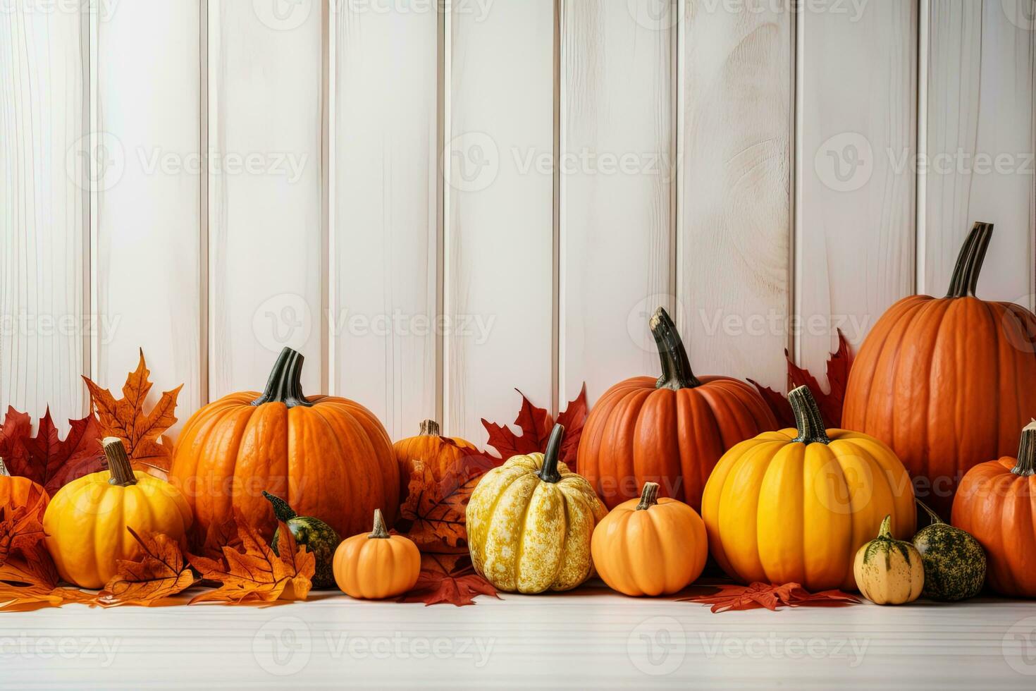 verschiedene reif Orange Kürbisse Lüge im Ahorn Blätter auf ein Weiß hölzern Oberfläche. das Erntedankfest Tag, Halloween Hintergrund foto