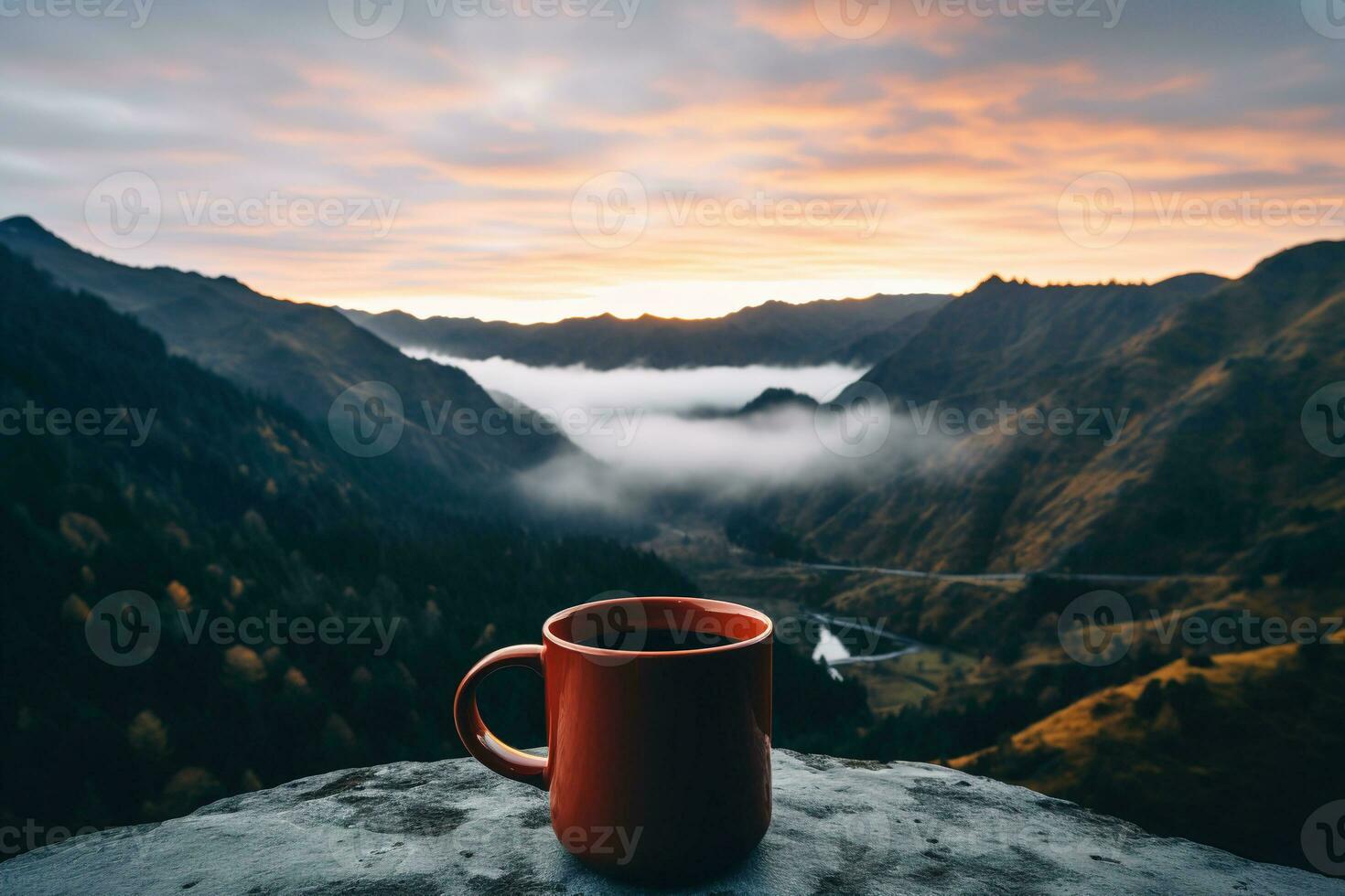 rot Tasse von Kaffee oder Tee auf ein nebelig Berg Landschaft früh Morgen, generativ ai foto