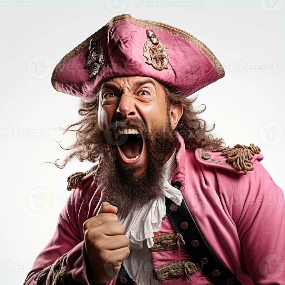 ein Mitte alt Pirat mit braun Haar und Bart tragen ein Rosa gespannt Hut und Outfit. foto