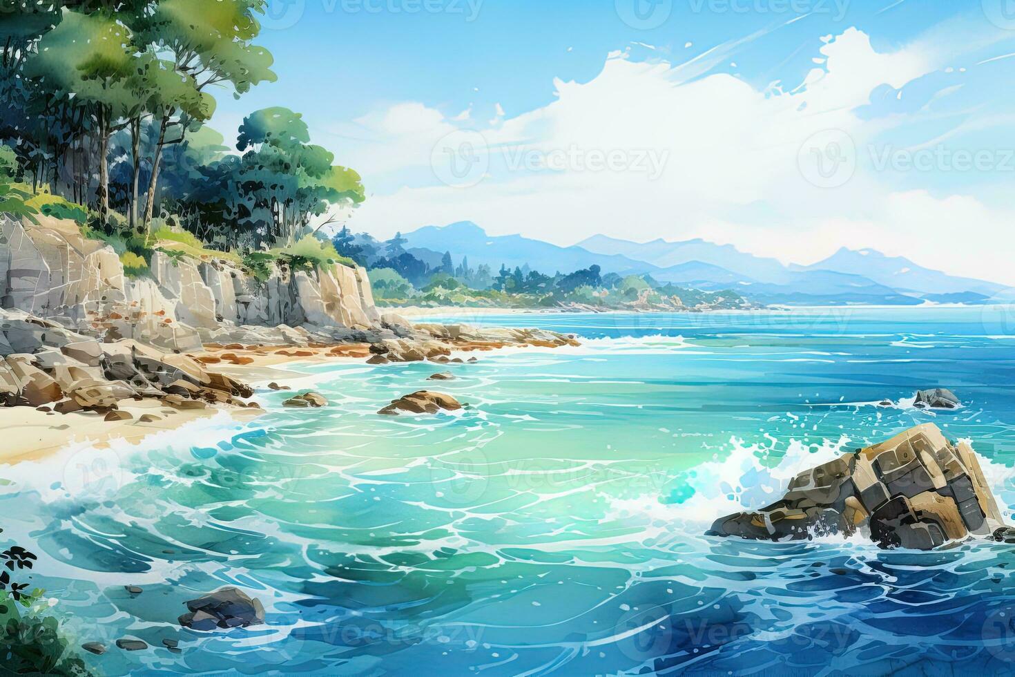 szenisch Landschaft Blau Meer Strand Felsen schön Wolken Aquarell Illustration foto