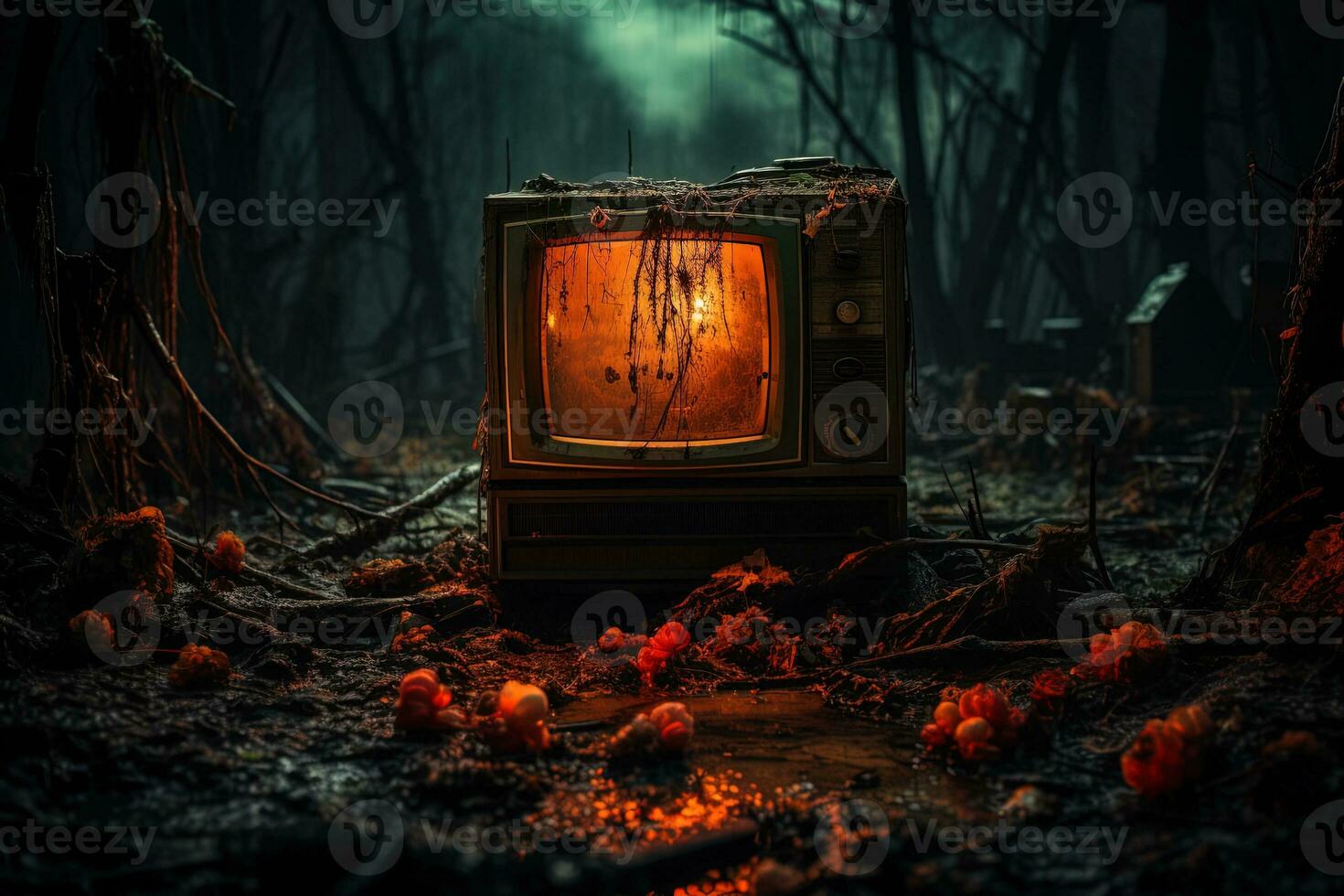 ein alt Fernseher mit ein Bildschirm glühend Gelb gegen das Hintergrund von ein schmutzig dunkel unheimlich Sumpf Wald foto